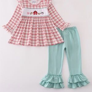 Kids Farmhouse Plaid and Mint Ruffle Set with embroidery